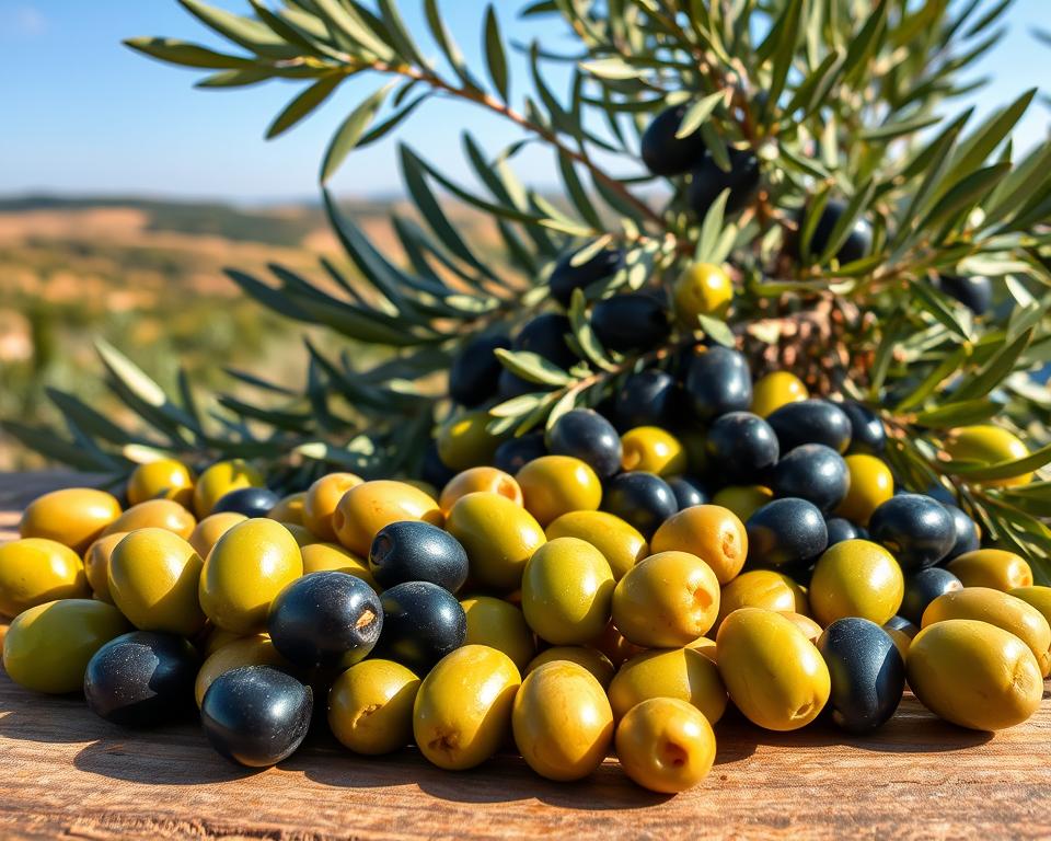 A bountiful assortment of fresh green and black olives, their succulent flesh glistening under warm, natural lighting. In the foreground, a selection of olive varieties, each with its unique shape and hue, artfully arranged on a rustic wooden surface. The middle ground showcases the vibrant foliage of olive branches, their silvery-green leaves casting gentle shadows. In the background, a serene Mediterranean landscape unfolds, with rolling hills and a cloudless azure sky, conveying a sense of tranquility and health. The overall scene exudes an air of vitality and wellness, inviting the viewer to explore the diverse health benefits of this ancient superfood.