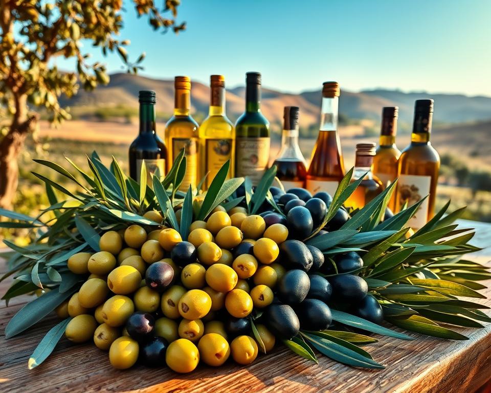 A bountiful assortment of olive cultivars artfully arranged on a rustic wooden table, bathed in warm, golden lighting. In the foreground, glistening green Manzanilla olives, plump Kalamata olives, and deep purple Niçoise olives sit alongside a selection of vibrant, freshly harvested olive leaves. In the middle ground, a variety of olive oils and vinegars in elegant glass bottles, their labels reflecting the diverse origins and flavors. The background depicts a serene Mediterranean landscape, with rolling hills, a distant olive grove, and a clear, azure sky. The overall scene evokes the rich culinary traditions and global diversity of olive cultivars.