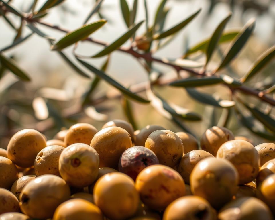 A close-up, hyper-detailed image of a variety of Spanish olive types, including Manzanilla, Picual, and Arbequina olives. The olives are shown in the foreground, with a soft, warm lighting that highlights their natural textures and sheen. In the middle ground, there are branches with green olive leaves, casting delicate shadows across the scene. The background is hazy and out of focus, suggesting a tranquil, rustic setting, like a traditional Spanish olive grove. The overall mood is one of quality, authenticity, and a celebration of the diverse flavors and characteristics of these iconic Spanish olive cultivars.