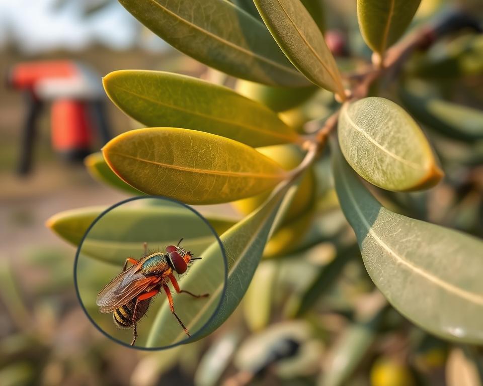 A close-up, hyper-realistic view of olive leaves and branches, showcasing various pests and their management techniques. In the foreground, a magnified insect, perhaps an olive fruit fly or scale insect, is depicted in striking detail, its intricate features and textures on full display. The middle ground features a healthy olive branch, with leaves glistening under warm, diffused lighting, highlighting the natural beauty of the plant. In the background, a blurred, out-of-focus scene depicts agricultural tools, sprayers, and other pest management equipment, suggesting the proactive measures taken to maintain the olive orchard's health. The overall mood is one of scientific observation and horticultural expertise, inviting the viewer to appreciate the complexities of olive pest management.