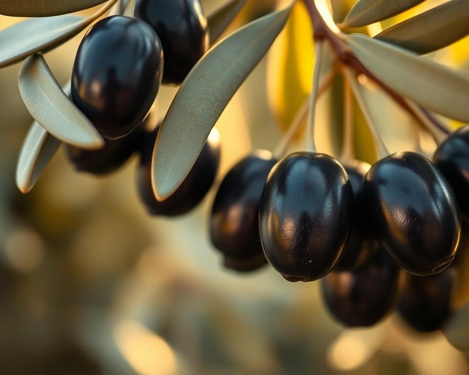 A close-up, macro-level view of a cluster of ripe olive fruits hanging from the delicate, silvery-green leaves of an olive tree. The olives are a deep, glossy black hue, their skin shimmering with a slight oily sheen. The lighting is warm and diffused, creating a soft, evocative atmosphere that highlights the textures and subtle variations in the olives' surfaces. The depth of field is shallow, drawing the viewer's focus to the intricate details of the individual fruits, while the blurred background suggests the broader setting of the olive tree's lush, verdant foliage. The overall composition is balanced and harmonious, capturing the essence of the olive tree's reproductive characteristics in a visually captivating and botanically accurate manner.