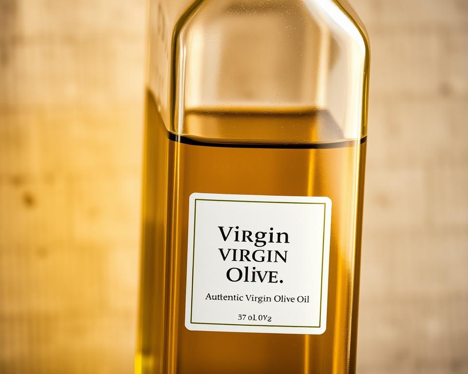 A close-up shot of a glass bottle filled with authentic virgin olive oil, illuminated by warm, natural lighting. The bottle has a classic, minimalist design with a simple label showcasing the origin and quality of the oil. The golden-green hue of the liquid is visible through the glass, reflecting the rich and vibrant color of the olives from which it was pressed. The background is a neutral, textured surface, allowing the bottle to take center stage and exude a sense of quality, purity, and rustic elegance. The overall composition conveys the true essence of a high-quality, unadulterated virgin olive oil, debunking any misconceptions about its appearance or authenticity.