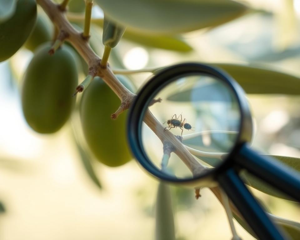 A close-up shot of an olive tree branch, with a magnifying glass examining a pest infestation. The branch is in sharp focus, while the background is softly blurred, creating a sense of depth and focus on the subject. The lighting is natural, with soft, diffused sunlight illuminating the scene. The pest is clearly visible, allowing for detailed observation and identification. The angle is slightly tilted, adding a sense of dynamism and engagement to the composition. The overall mood is one of careful examination and scientific inquiry, reflecting the intent to monitor and report on pest populations.