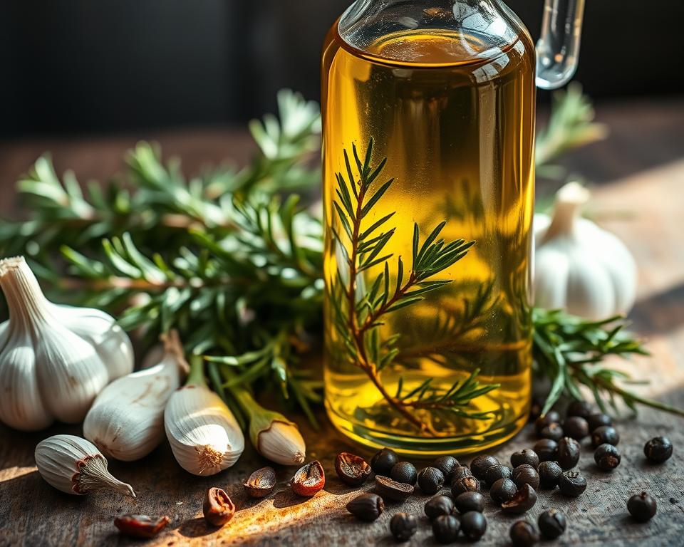 A close-up still life showcasing a glass bottle filled with golden olive oil, infused with fragrant herbs and spices. The bottle sits on a rustic wooden surface, surrounded by fresh rosemary sprigs, whole garlic cloves, dried chili peppers, and a scattering of whole peppercorns. Soft natural lighting from the side casts gentle shadows, highlighting the rich colors and textures of the ingredients. The overall mood is warm, inviting, and evocative of Mediterranean cuisine. The composition emphasizes the bottle's elegant simplicity, allowing the infused oil to take center stage as the star of the scene.
