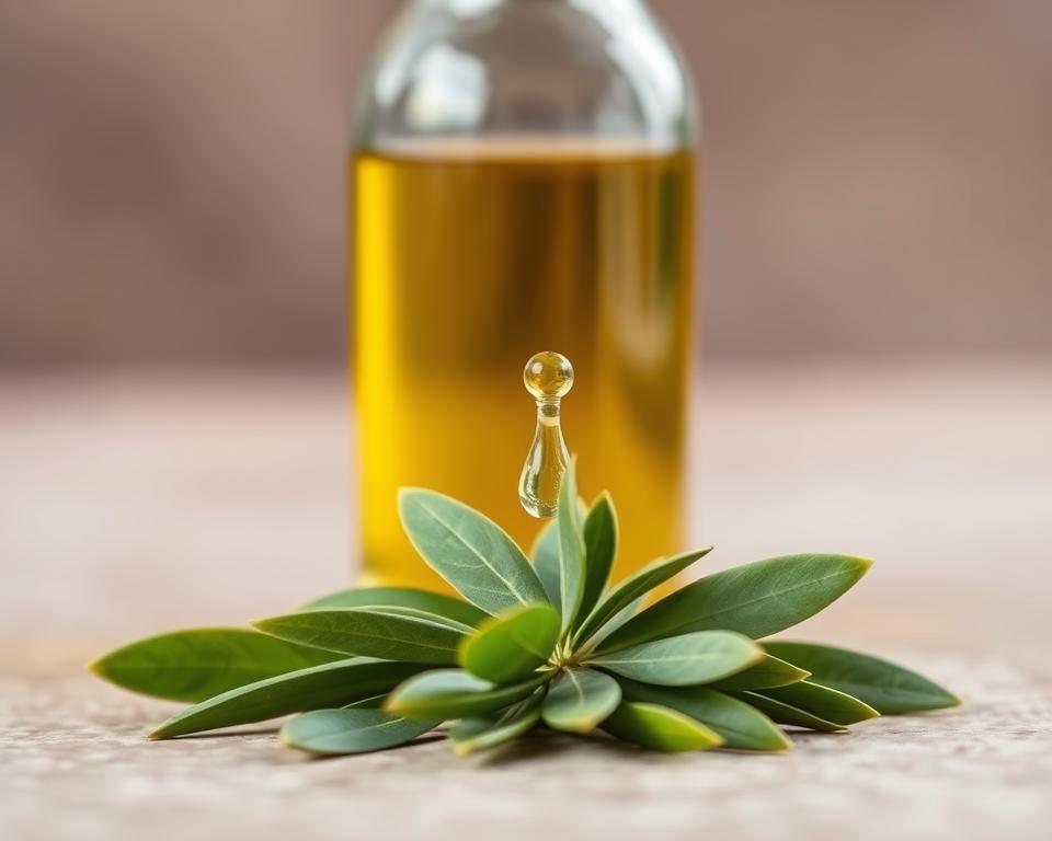 A close-up view of a glass bottle filled with extra virgin olive oil, with a delicate glass dropper and a small heap of fresh green olive leaves arranged in the foreground. The image has a soft, natural lighting, showcasing the rich, golden hue of the oil and the vibrant green of the leaves. The background is blurred, creating a focus on the central elements. The overall composition conveys a sense of purity, health, and the inherent benefits of high-quality extra virgin olive oil.