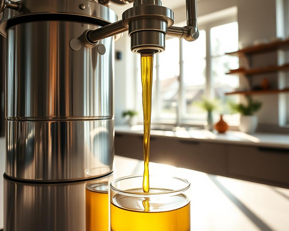 A close-up view of a stainless steel olive oil press, its sturdy mechanical components meticulously crafted. The press is situated in a bright, airy kitchen, natural light streaming through large windows, casting a warm glow on the olive oil as it slowly drips into a clear glass container below. The scene exudes a sense of artisanal craftsmanship and attention to detail, reflecting the care and expertise required to extract the finest, coldest-pressed olive oil. The background features sleek, minimalist countertops and shelves, creating a clean, modern aesthetic that complements the traditional process unfolding in the foreground.