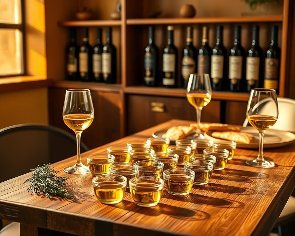 A cozy olive oil tasting studio, warm lighting casting a golden glow. On a rustic wooden table, an array of small tasting cups filled with various olive oils, surrounded by fresh herbs, crusty bread, and a few elegant wine glasses. In the background, a minimalist wall display showcases bottles of premium olive oils from around the world. A sophisticated yet inviting atmosphere, perfect for exploring the nuances and complexities of global olive oil varieties.