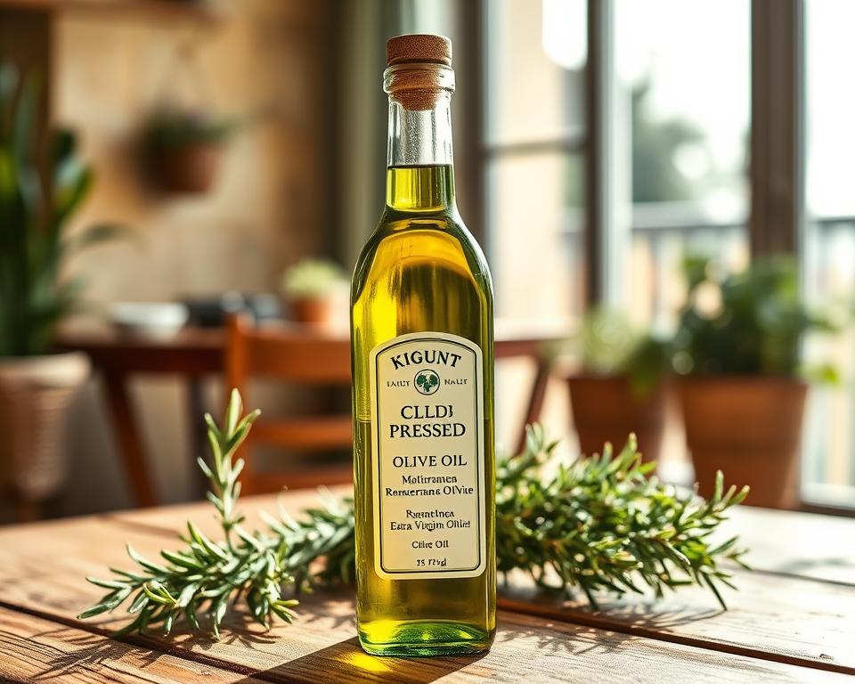 A delicate glass bottle filled with cold-pressed extra virgin olive oil stands prominently on a rustic wooden table, surrounded by fresh Mediterranean herbs like rosemary and thyme. The bottle's label showcases the vibrant green hue of the oil, indicative of its high quality. Warm, directional lighting casts a soft glow on the scene, highlighting the bottle's elegant shape and the subtle textures of the natural elements. In the background, a glimpse of a sun-drenched terrace or balcony suggests the tranquil, al fresco setting of a traditional Mediterranean kitchen. The overall atmosphere evokes the heart-healthy essence of the Mediterranean diet, where olive oil is a revered culinary staple.