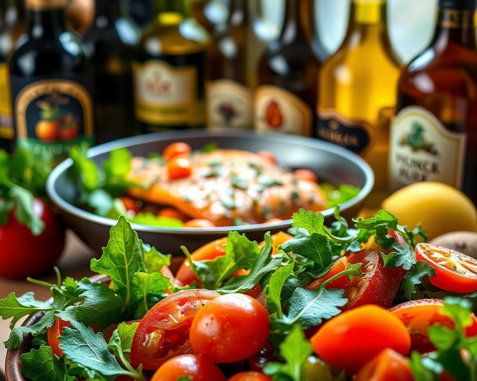A delightful assortment of healthy recipes, artfully composed with the rich, golden hue of premium olive oil. In the foreground, a vibrant salad of crisp greens, juicy tomatoes, and fresh herbs, drizzled with a glistening olive oil dressing. In the middle ground, a hearty Mediterranean-inspired dish, perhaps a colorful ratatouille or a fragrant herb-crusted salmon, sizzling in a skillet bathed in the fragrant oil. The background features an array of olive oil bottles, their elegant shapes and labels creating a visually appealing tableau. The lighting is soft and natural, highlighting the vibrant colors and the glossy, appetizing sheen of the olive oil. The overall atmosphere is one of wellness, Mediterranean flair, and culinary delight. A delightful assortment of healthy recipes, artfully composed with the rich, golden hue of premium olive oil. In the foreground, a vibrant salad of crisp greens, juicy tomatoes, and fresh herbs, drizzled with a glistening olive oil dressing. In the middle ground, a hearty Mediterranean-inspired dish, perhaps a colorful ratatouille or a fragrant herb-crusted salmon, sizzling in a skillet bathed in the fragrant oil. The background features an array of olive oil bottles, their elegant shapes and labels creating a visually appealing tableau. The lighting is soft and natural, highlighting the vibrant colors and the glossy, appetizing sheen of the olive oil. The overall atmosphere is one of wellness, Mediterranean flair, and culinary delight.