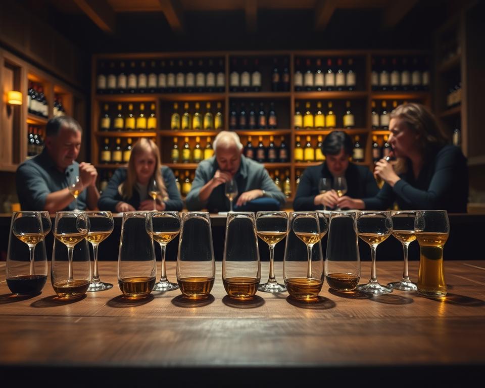A dimly lit artisanal olive oil tasting room, with a wooden table in the foreground showcasing various olive oil samples in small tasting glasses. In the middle ground, a panel of expert tasters intently evaluating the oils, swirling, smelling, and tasting with concentration. The background features shelves of olive oil bottles, casting a warm, golden glow across the scene. The lighting is soft and directional, highlighting the textures of the wood, glass, and olive oil. The mood is one of thoughtful contemplation, as the tasters meticulously assess the quality, aroma, and flavor profile of the oils.