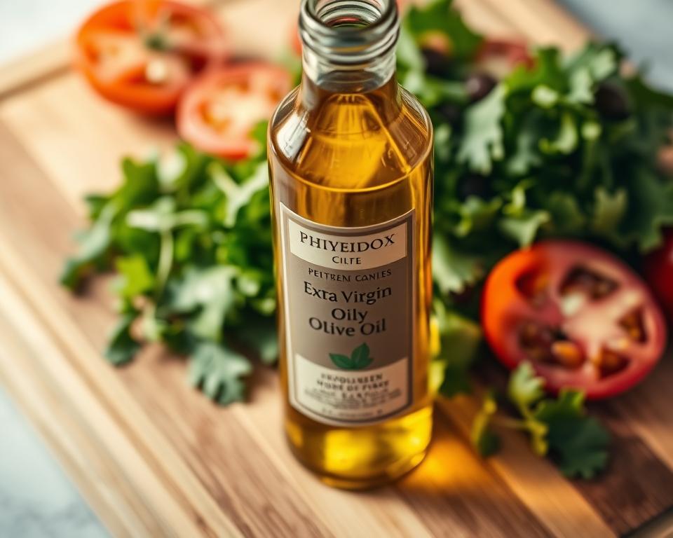 A glass bottle filled with golden-hued extra virgin olive oil sits atop a wooden cutting board, surrounded by fresh salad greens and juicy tomato slices. The bottle's label showcases the rich, earthy tones of the olive oil, highlighting its quality and versatility. Soft, diffused lighting casts a warm glow, emphasizing the vibrant colors of the ingredients. The scene conveys a sense of culinary refinement and the perfect harmony between olive oil and nutritious salad elements, ready to be drizzled and tossed into a delectable dressing.