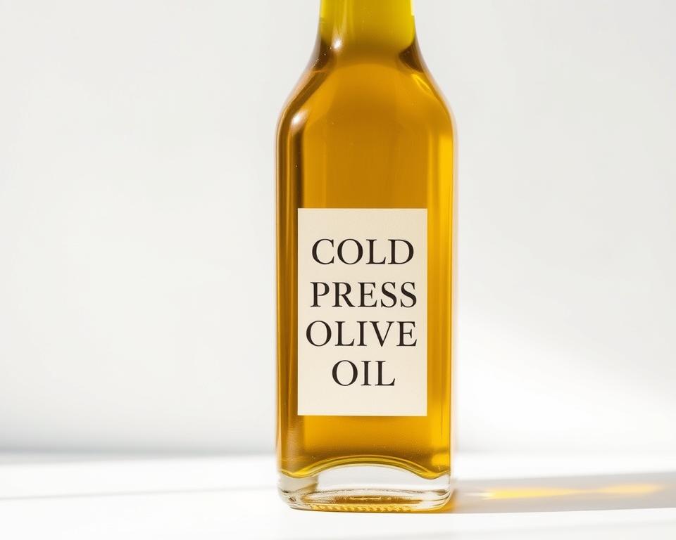 A glass bottle filled with golden, viscous cold-pressed olive oil, its label prominently displaying the words "COLD PRESS OLIVE OIL" in elegant typography. The bottle is set against a simple, minimalist background, perhaps a plain white or light-colored surface, allowing the oil's rich hue to take center stage. Soft, natural lighting casts gentle shadows, highlighting the bottle's curves and the oil's translucent quality. The overall composition conveys a sense of purity, quality, and the authentic, artisanal nature of the product, dispelling any myths about cold-pressed olive oil.