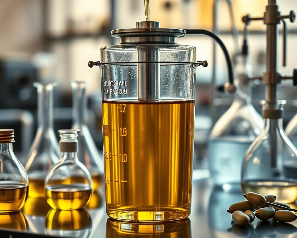 A laboratory setting with a glass container filled with golden olive oil, surrounded by various laboratory equipment like beakers, pipettes, and a high-precision filtration system. The scene is bathed in warm, directional lighting, casting subtle shadows and highlights on the surfaces. The background is blurred, emphasizing the centrality of the olive oil filtration process. The overall tone is one of scientific precision and attention to detail, conveying the importance of ensuring the purity and freshness of the olive oil. A laboratory setting with a glass container filled with golden olive oil, surrounded by various laboratory equipment like beakers, pipettes, and a high-precision filtration system. The scene is bathed in warm, directional lighting, casting subtle shadows and highlights on the surfaces. The background is blurred, emphasizing the centrality of the olive oil filtration process. The overall tone is one of scientific precision and attention to detail, conveying the importance of ensuring the purity and freshness of the olive oil.