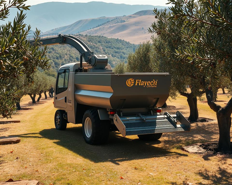 A large, modern olive harvesting machine slowly moves through a lush, sun-dappled olive grove. Its mechanical arms skillfully grasp the branches, delicately shaking the olives free, which tumble gently into the attached collection bins. The ground is blanketed in a soft carpet of fallen olive leaves, and the warm Mediterranean air is filled with the earthy aroma of the harvest. The machine's sleek, metallic form casts dynamic shadows across the scene, creating a play of light and dark. In the background, rolling hills dotted with gnarled olive trees stretch out towards a hazy horizon. This scene captures the efficiency and precision of mechanical olive harvesting, a vital technique for large-scale production. A large, modern olive harvesting machine slowly moves through a lush, sun-dappled olive grove. Its mechanical arms skillfully grasp the branches, delicately shaking the olives free, which tumble gently into the attached collection bins. The ground is blanketed in a soft carpet of fallen olive leaves, and the warm Mediterranean air is filled with the earthy aroma of the harvest. The machine's sleek, metallic form casts dynamic shadows across the scene, creating a play of light and dark. In the background, rolling hills dotted with gnarled olive trees stretch out towards a hazy horizon. This scene captures the efficiency and precision of mechanical olive harvesting, a vital technique for large-scale production.