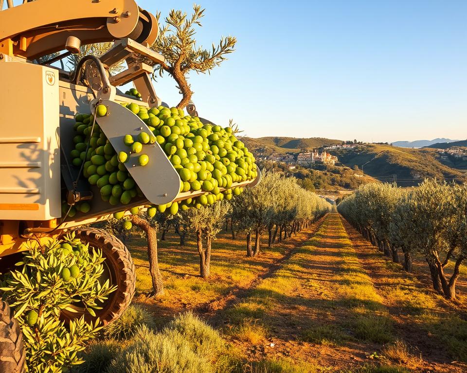 A large, modern olive harvesting machine stands prominently in the foreground, its mechanical arms and rotating combs poised to efficiently gather the ripe, green olives from the nearby olive trees. The machine is bathed in warm, golden sunlight, casting long shadows across the well-tended olive grove. In the middle ground, rows of neatly pruned olive trees stretch out, their branches heavy with the plump, glistening fruit. The background features a picturesque Mediterranean landscape, with rolling hills, azure skies, and the distant outline of a historic village nestled among the olive groves. A large, modern olive harvesting machine stands prominently in the foreground, its mechanical arms and rotating combs poised to efficiently gather the ripe, green olives from the nearby olive trees. The machine is bathed in warm, golden sunlight, casting long shadows across the well-tended olive grove. In the middle ground, rows of neatly pruned olive trees stretch out, their branches heavy with the plump, glistening fruit. The background features a picturesque Mediterranean landscape, with rolling hills, azure skies, and the distant outline of a historic village nestled among the olive groves.