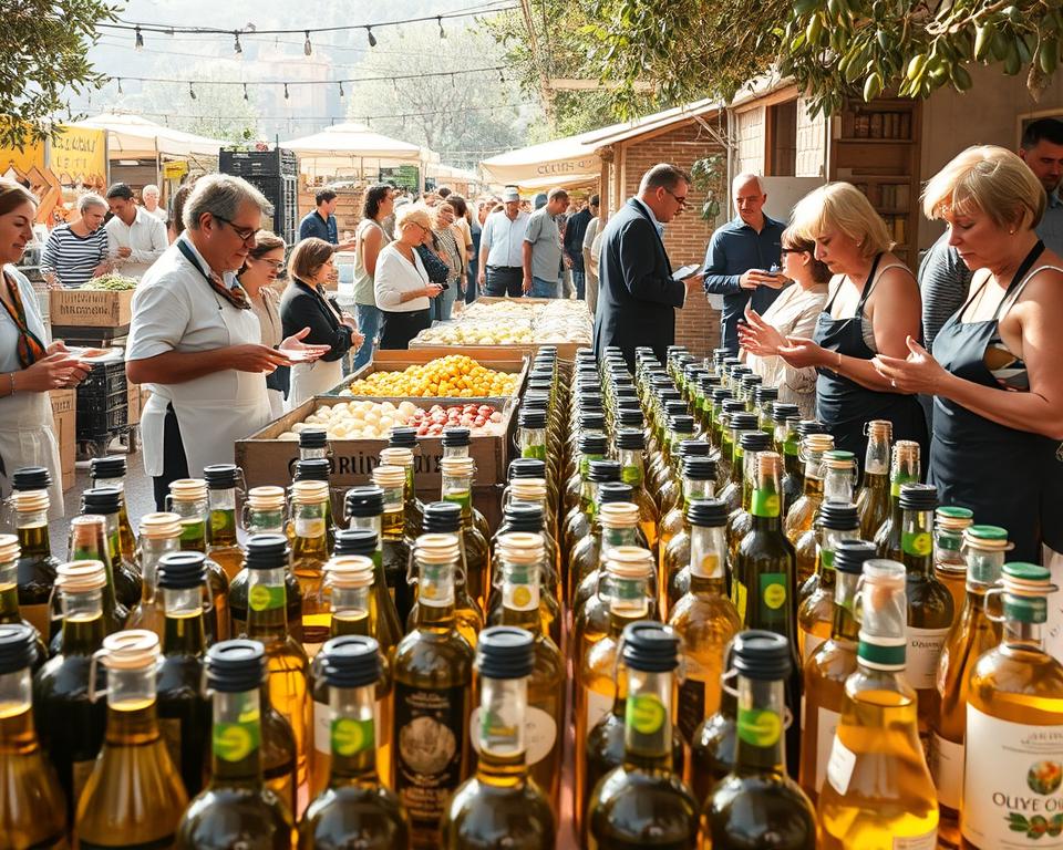 A lively open-air market overflowing with fresh olive oil. In the foreground, rows of gleaming glass bottles and jugs, their labels showcasing the various regional varietals. Vendors in crisp aprons enthusiastically extoll the virtues of their prized elixirs, gesturing with animated hands. In the middle ground, shoppers meander through the bustling aisles, sampling and comparing the subtle notes and aromas. The background is a tapestry of sun-dappled stalls, overflowing crates, and the warm chatter of an engaged community. A soft, golden light suffuses the scene, evoking the rich Mediterranean heritage of this cherished culinary tradition. A lively open-air market overflowing with fresh olive oil. In the foreground, rows of gleaming glass bottles and jugs, their labels showcasing the various regional varietals. Vendors in crisp aprons enthusiastically extoll the virtues of their prized elixirs, gesturing with animated hands. In the middle ground, shoppers meander through the bustling aisles, sampling and comparing the subtle notes and aromas. The background is a tapestry of sun-dappled stalls, overflowing crates, and the warm chatter of an engaged community. A soft, golden light suffuses the scene, evoking the rich Mediterranean heritage of this cherished culinary tradition.