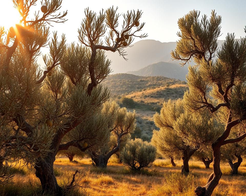 A lush Mediterranean landscape, bathed in warm, golden sunlight. In the foreground, resilient olive trees with gnarled, twisted trunks and silvery-green foliage sway gently in a light breeze. Their twisted branches reach skyward, bearing plump, healthy olives. The middle ground reveals a rolling hillside, dotted with more olive groves, their leaves shimmering in the afternoon light. In the distance, rugged mountains rise, their peaks dusted with a hint of snow. The scene conveys a sense of tranquility and adaptability, reflecting the drought-resistant nature of these iconic Mediterranean trees. A medium-wide, slightly low-angle camera perspective captures the scene, emphasizing the grandeur of the setting and the resilience of the olive trees.