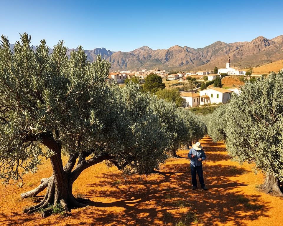 A lush Mediterranean olive grove nestled on a sun-drenched hillside, with gnarled, silvery-green trees casting dappled shadows on the fertile, terracotta-hued soil. In the foreground, a farmer carefully tends to the twisted branches, pruning and tending to the hardy, drought-resistant plants. The background features a picturesque village with whitewashed buildings and a small church steeple, all set against a backdrop of rugged, windswept mountains. The scene is bathed in warm, golden light, conveying the challenges and triumphs of climate-specific olive cultivation in this unique regional landscape.