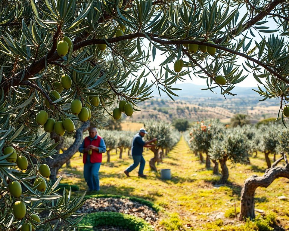 A lush Mediterranean olive grove, sunlight filtering through the gnarled, silvery-green canopy. In the foreground, workers carefully hand-pick plump, ripe olives from the twisted, heritage cultivars. Their movements are deliberate, capturing the essence of traditional cultivation techniques. The middle ground reveals rows of olive trees, their twisted trunks and branches casting elegant shadows. In the distance, rolling hills dotted with olive groves, the landscape bathed in a warm, golden glow. The scene evokes a sense of timelessness, a reverence for the centuries-old practices that have shaped the production of these precious fruits.