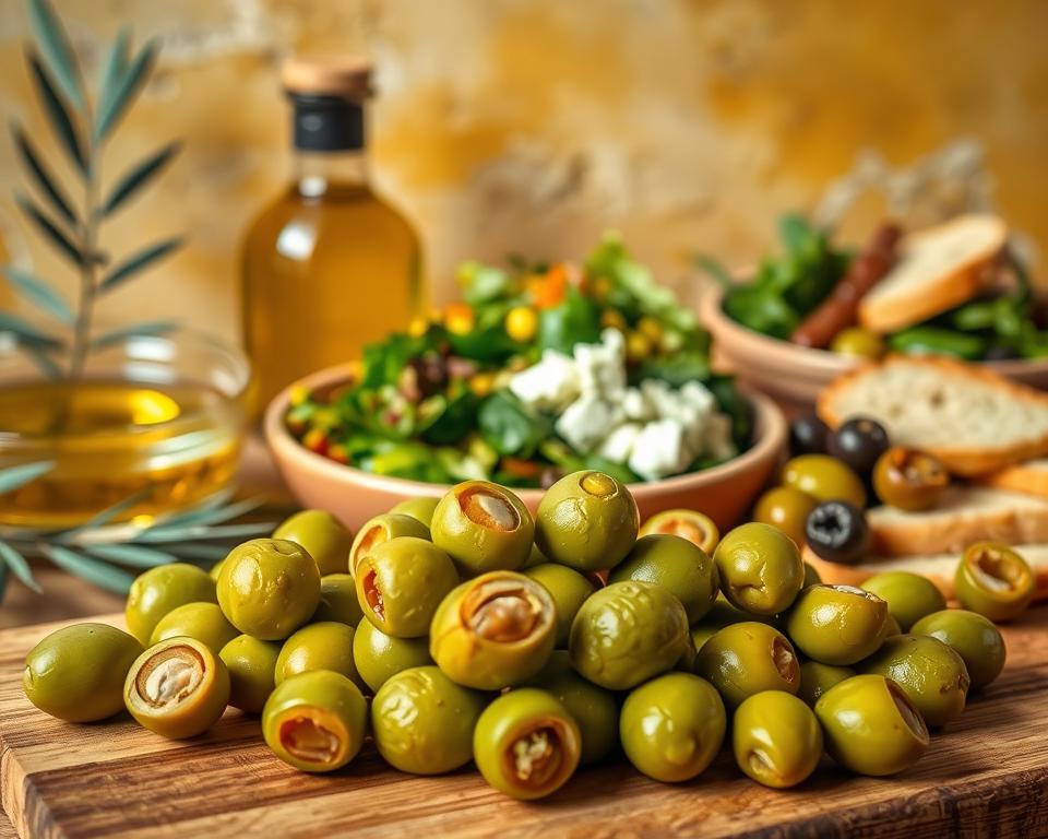 A lush, appetizing display of olive-based dishes set against a warm, rustic backdrop. In the foreground, a selection of vibrant green olives, some halved to reveal their meaty interiors, arranged artfully on a wooden cutting board. Surrounding them, an assortment of Mediterranean-inspired recipes - a fragrant, golden-hued olive oil simmered with herbs, a crisp, leafy salad dressed in a tangy vinaigrette, and tender, brined olives nestled alongside crusty bread and tangy feta. The middle ground features a subtle, diffused lighting that casts a soft, inviting glow, while the background showcases a textured, earthy wall, hinting at the culinary traditions and flavors inherent in these versatile ingredients. The overall scene evokes a sense of rustic elegance, inviting the viewer to explore the myriad ways olives can elevate and enhance a range of delectable dishes.