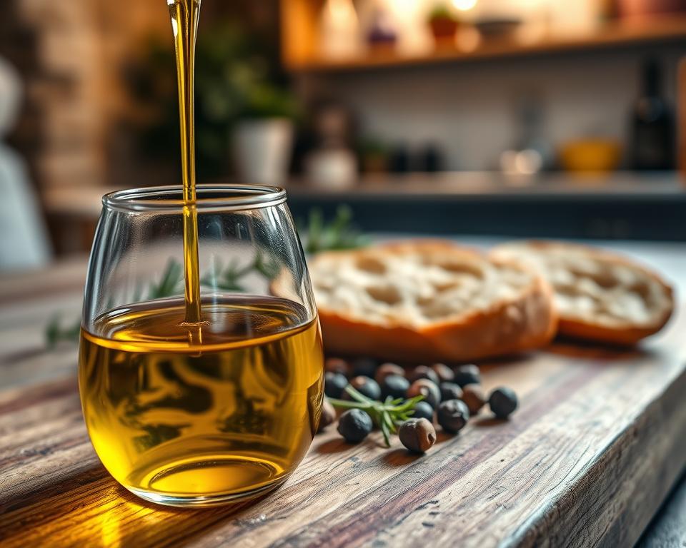 A lush, close-up view of an olive oil tasting experience. In the foreground, a glass drizzler filled with golden, viscous olive oil, its surface gently rippling. Surrounding it, an assortment of fresh herbs, peppercorns, and a slice of crusty bread, inviting the viewer to dip and savor. The middle ground features a wooden board or table, its weathered surface providing a rustic, earthy backdrop. Subtle backlighting casts a warm, amber glow, creating a cozy, intimate atmosphere. In the background, a blurred, out-of-focus scene of a Mediterranean kitchen or olive grove, hinting at the oil's origins. The overall composition evokes the senses of taste, smell, and touch, drawing the viewer into the flavorful world of premium olive oil.