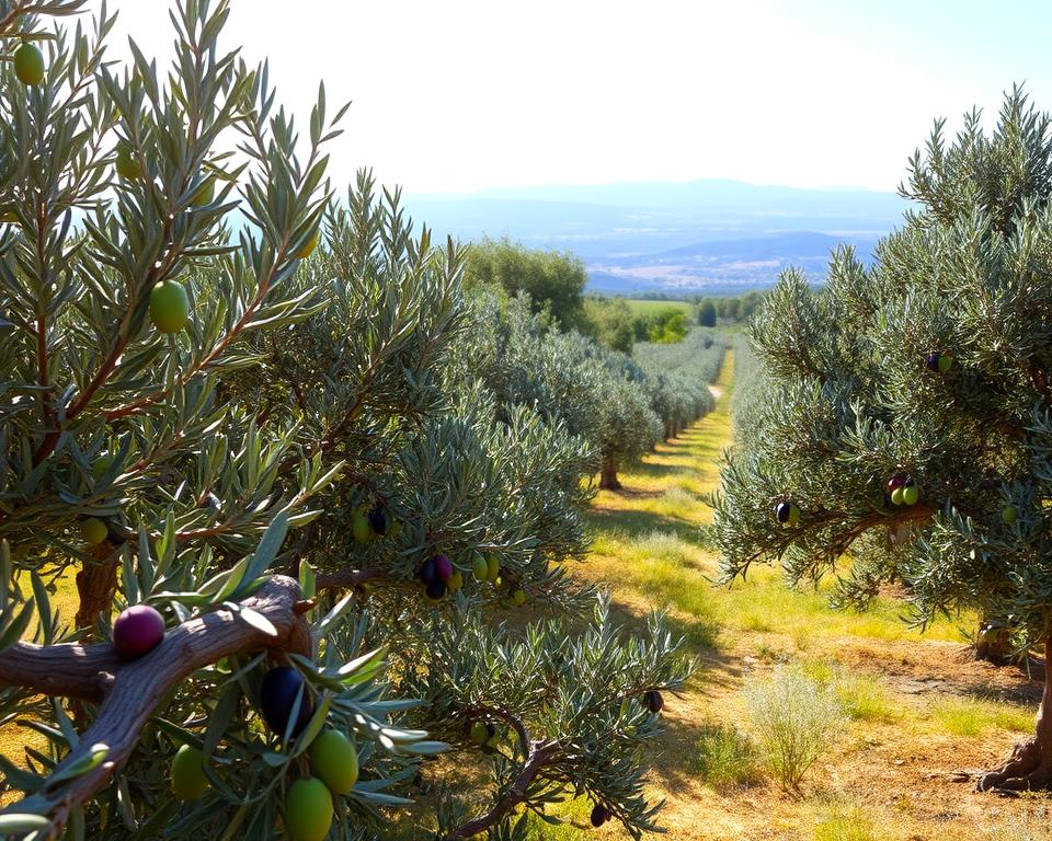 A lush, expansive olive grove bathed in warm Mediterranean sunlight. In the foreground, a variety of olive tree specimens - gnarled and twisted trunks, silvery-green foliage, and plump, ripe olives in shades of green, purple, and black. The middle ground showcases the olive trees' diverse canopy shapes, from tall and slender to low-spreading and bushy. In the background, a hazy horizon of rolling hills and a cloudless azure sky. The scene exudes a sense of tranquility and timelessness, inviting the viewer to imagine the perfect pairing of these olives with a delectable array of culinary creations.