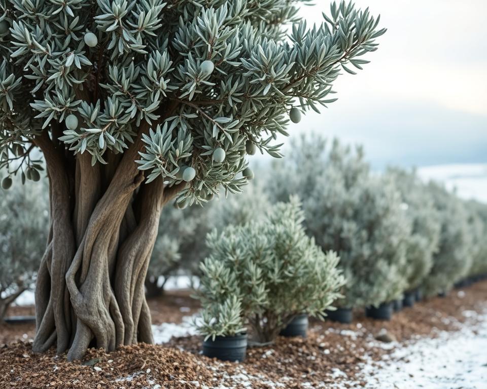 A lush, frost-tolerant olive cultivar stands tall, its silvery-green leaves glistening under a soft, diffused light. The plant's sturdy trunk and gnarled branches suggest years of resilience against the elements. In the middle ground, several smaller olive saplings are nestled, their delicate new growth protected by a layer of mulch. The background features a serene, snow-dusted landscape, hinting at the plant's ability to thrive in cooler climates. The overall composition conveys a sense of tranquility and the triumph of life over adversity, reflecting the challenges and rewards of cultivating cold-hardy olives.