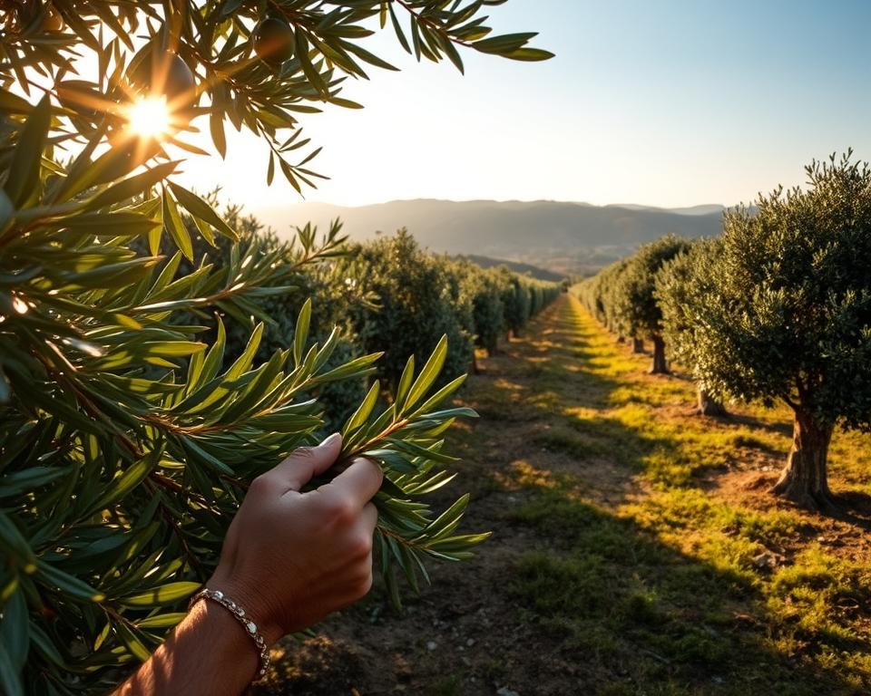 A lush olive grove at golden hour, sun-dappled leaves casting intricate patterns. In the foreground, a farmer examines a leaf, scrutinizing it for signs of pests. Alongside them, natural pest management tools - predatory insects, organic sprays, and carefully tended companion plants. In the middle ground, olive trees stretch into the distance, their trunks gnarled and weathered. The background fades into a hazy Mediterranean landscape, rolling hills and a cloudless azure sky. The scene exudes a sense of careful stewardship, a harmonious balance between nature and human intervention.