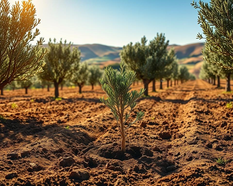 A lush olive grove bathed in golden sunlight, the earth freshly tilled. In the foreground, a young sapling is being carefully planted, its roots nestled in the rich, dark soil. Surrounding it, a team of farmers tenderly arrange the soil, ensuring the delicate tree is properly supported. In the middle ground, established olive trees sway gently in a light breeze, their silvery-green leaves shimmering. In the distance, rolling hills and a clear blue sky create a tranquil, idyllic setting. The scene conveys a sense of harmony, care, and the promise of a bountiful harvest to come.