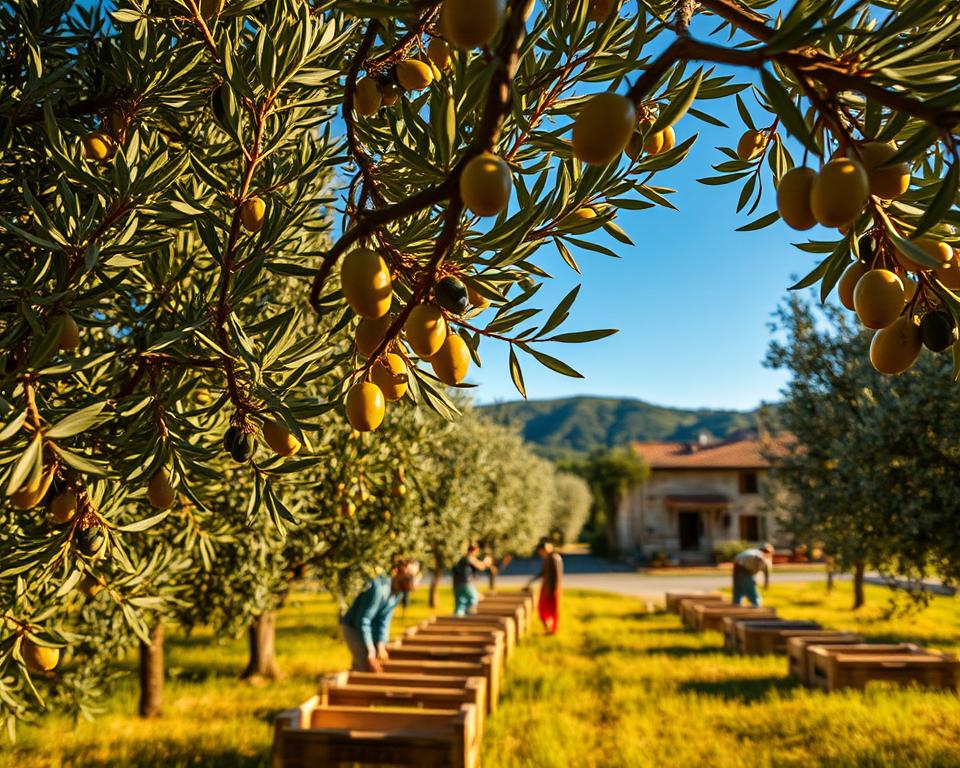 A lush olive grove bathed in warm, golden sunlight. In the foreground, workers carefully pluck ripe, glossy olives from the gnarled, silvery-green branches, their movements fluid and practiced. The middle ground reveals neatly arranged wooden crates, ready to receive the precious harvest. In the distance, a traditional stone farmhouse nestled amidst rolling hills, its terracotta roof tiles glowing against the clear azure sky. The air is filled with the earthy, peppery aroma of the olives, and the gentle rustling of leaves creates a soothing, tranquil atmosphere. A classic scene of time-honored olive harvesting, captured with a crisp, cinematic lens.