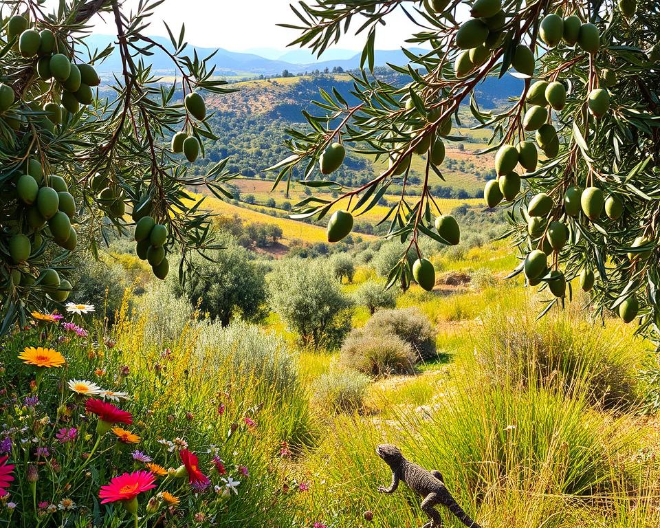 A lush olive grove, branches laden with plump, glistening olives. In the foreground, a diverse array of flora and fauna - vibrant wildflowers, buzzing pollinators, and a scurrying lizard. Mid-ground, sun-dappled olive trees interspersed with shrubs and grasses, creating a mosaic of textures and shades of green. In the background, rolling hills dotted with olive orchards, bathed in warm, golden light. The scene exudes a sense of harmony and balance, where sustainable olive farming coexists in symbiosis with the surrounding natural ecosystem.