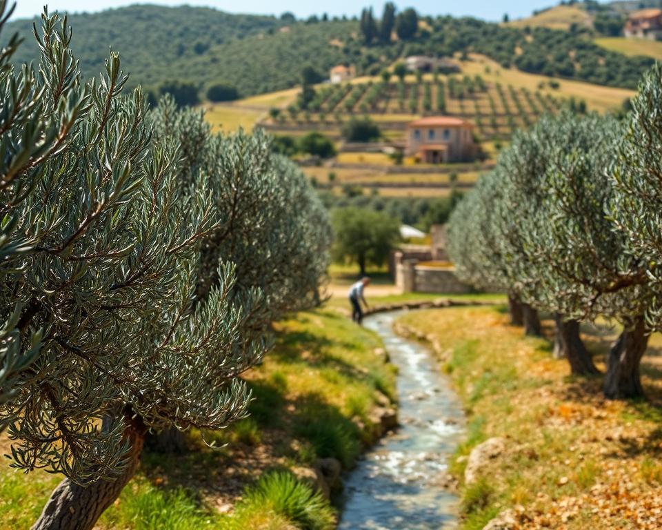 A lush olive grove nestled in a rolling, sun-dappled hillside. In the foreground, gnarled olive trees with silvery-green foliage sway gently in a light breeze. A weathered irrigation channel meanders through the grove, its waters sparkling under the warm Mediterranean sun. In the middle ground, a farmer tends to the trees, skillfully pruning and watering them. In the distance, a traditional stone farmhouse and a terracotta-tiled barn sit amid terraced olive groves, creating a picturesque and sustainable agricultural landscape. The scene conveys a sense of harmony between nature, tradition, and eco-friendly cultivation practices.