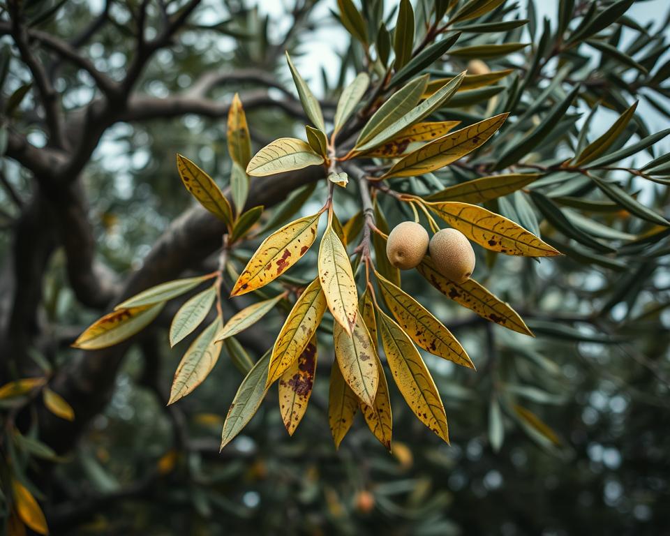 A lush olive tree, its gnarled branches reaching skyward, afflicted with a variety of diseases. In the foreground, leaves are yellowing and curling, spotted with dark splotches. Closer inspection reveals a web of intricate veins, signs of a fungal infection. In the middle ground, a few fruits hang limp and discolored, victims of an insect infestation. The background is blurred, casting an ominous, overcast mood, as if the very air is thick with the pathogens preying on this once-vibrant tree. Dramatic, high-contrast lighting casts long shadows, emphasizing the severity of the ailments. A scene of olive tree diseases in all their unsettling glory.