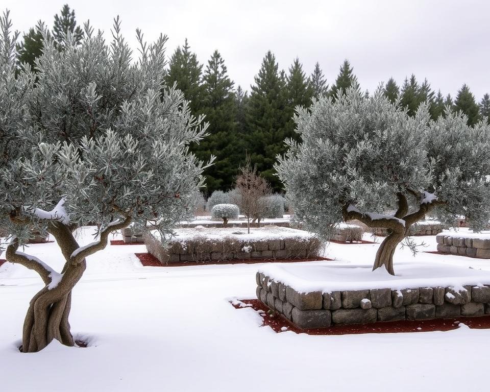 A lush, snow-covered garden scene featuring several cold-resistant olive varieties. In the foreground, twisted, gnarled olive trees with silvery-green foliage and hardy, knotted trunks stand resolute against the winter chill. The middle ground reveals a carefully manicured raised bed, its soil blanketed in a pristine layer of white. Overhead, a soft, diffused light filters through a cloudy, overcast sky, creating a serene, muted atmosphere. The background is filled with a dense, evergreen forest, its towering pines providing a sheltering, windbreak. This tranquil winter landscape showcases the resilience and adaptability of these remarkable olive cultivars, well-suited to thrive in colder climates.