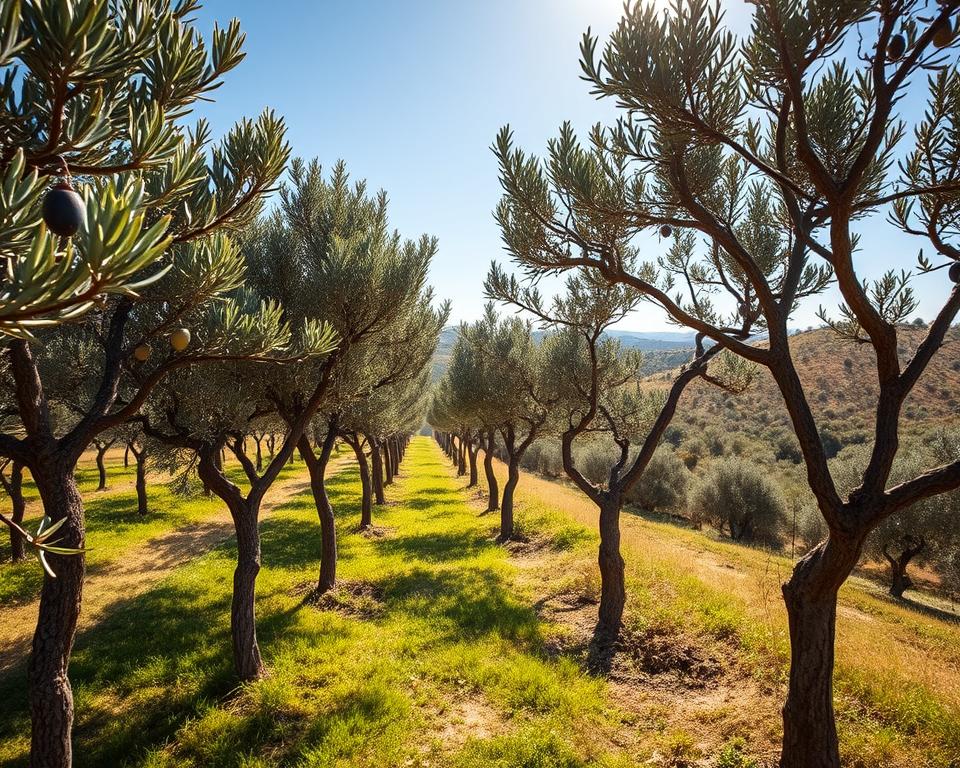 A lush, sun-dappled olive orchard with gently swaying, silvery-green leaves. In the foreground, rows of young olive trees stand tall, their trunks twisted and gnarled. In the middle ground, mature olive trees stretch towards a bright, azure sky, their branches heavy with plump, dark green olives. In the background, rolling hills covered in a patchwork of olive groves recede into the distance, creating a sense of depth and tranquility. Warm, golden light filters through the canopy, casting a soft, romantic glow over the entire scene. A classic, wide-angle landscape photograph, captured with a high-quality camera lens to showcase the beauty and serenity of this traditional Mediterranean agricultural setting.