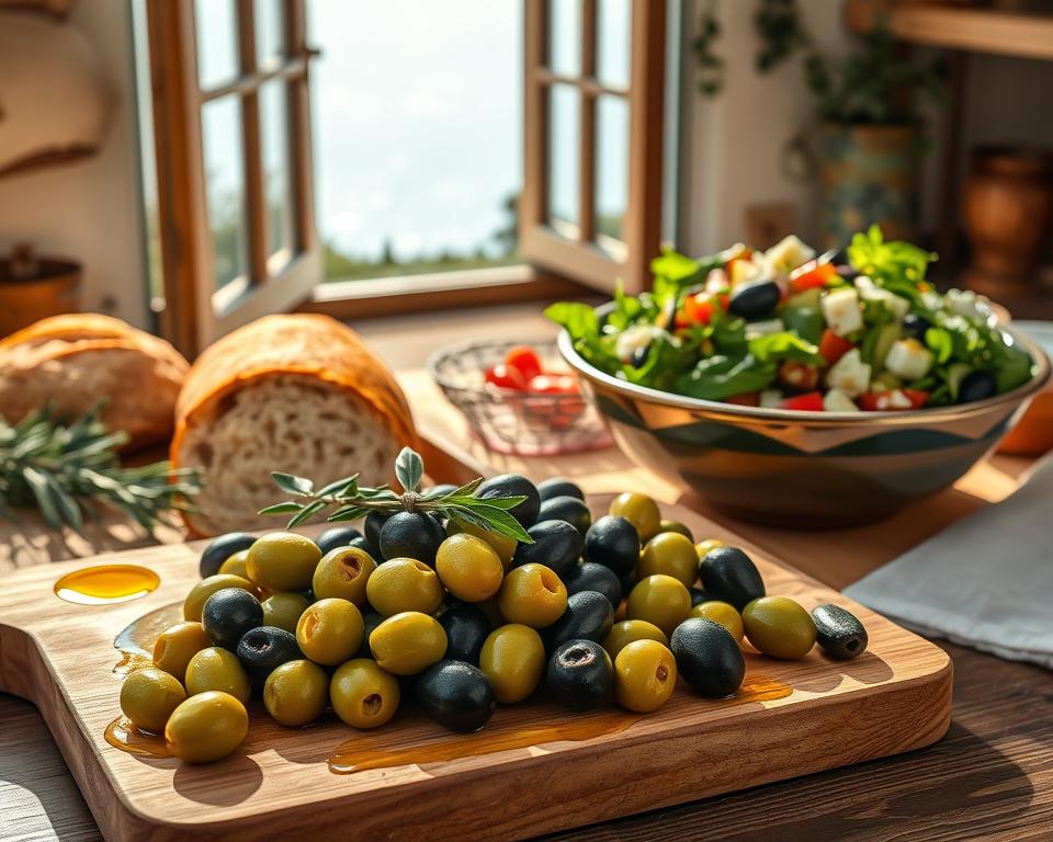 A lush, sun-drenched Mediterranean kitchen scene. In the foreground, a wooden cutting board showcases an assortment of plump, glistening green and black olives, alongside sliced loaves of fresh-baked bread, a drizzle of golden olive oil, and sprigs of fragrant herbs. The middle ground features a large bowl overflowing with a vibrant Greek salad, its colors popping against the earthy tones of the rustic tabletop. In the background, an open window frames a vista of olive groves and a shimmering azure sea, casting a warm, inviting glow throughout the space. The overall atmosphere evokes the flavors and aromas of the Mediterranean, perfectly capturing the essence of recipes featuring these versatile, flavorful olives.
