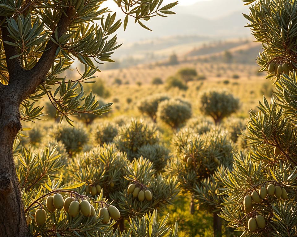 A lush, verdant field of diverse olive cultivars, their gnarled trunks and silvery-green foliage basking in warm, golden sunlight. In the foreground, a selection of olive varieties, each with its distinctive leaf shape, fruit size, and subtle hue. The middle ground reveals a tapestry of cultivars, their canopies intertwined, showcasing the global breadth of olive diversity. In the distance, rolling hills dotted with olive groves, the scene bathed in a soft, hazy atmosphere that evokes the Mediterranean climate. The image conveys the factors that influence olive cultivar selection, such as terroir, climate, and traditional cultivation practices.