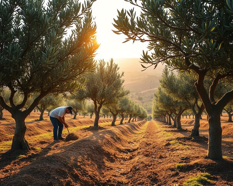A lush, verdant olive grove with sun-dappled canopies casting gentle shadows on the rich, loamy soil below. In the foreground, a farmer meticulously tends to the trees, applying organic compost and mulch to nourish the earth. The middle ground reveals olive trees in various stages of growth, their twisted trunks and silver-green leaves swaying in a light breeze. In the background, rolling hills dotted with more olive orchards stretch towards the horizon, bathed in the warm glow of a golden hour sunset. The scene exudes a sense of harmony and sustainability, showcasing olive farming practices that prioritize soil health and natural cycles.
