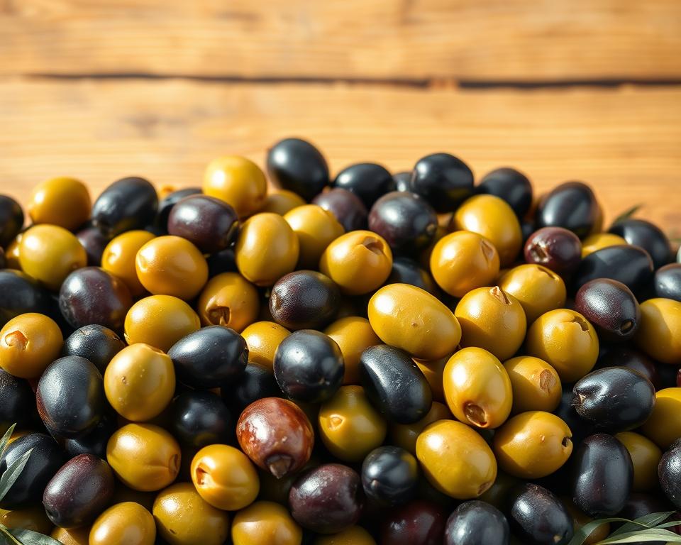 A neatly arranged display of various table olive varieties in warm, natural lighting. Plump, glistening olives in shades of green, black, and purple, showcased against a rustic wooden backdrop. The olives are carefully positioned to highlight their distinct shapes, sizes, and textures, inviting the viewer to appreciate the diversity within this beloved culinary ingredient. The scene conveys a sense of artisanal craftsmanship, with a focus on the natural beauty and growing conditions that contribute to the unique character of each olive variety. A harmonious, earthy palette and a soft, diffused lighting create an inviting, elegant atmosphere, perfectly suited to illustrate the "Growing Conditions for Table Olives" section of the article.