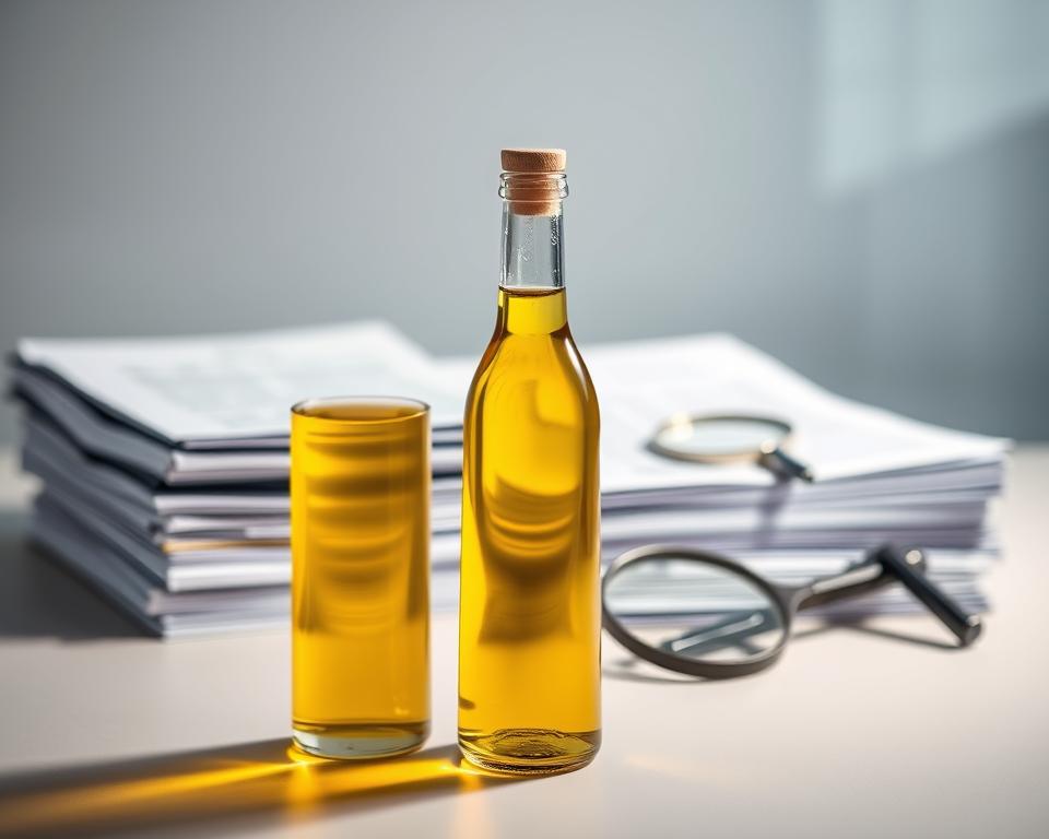 A pristine glass bottle of golden olive oil stands prominently in the foreground, casting a warm, inviting glow. In the middle ground, a stack of official-looking documents and a magnifying glass suggest meticulous regulatory oversight. The background features a clean, minimalist workspace with a sleek, modern aesthetic, hinting at the global scale and high standards governing the olive oil industry. Subtle shadows and soft lighting create a sense of depth and professionalism, reinforcing the serious, yet refined, nature of the subject matter. A pristine glass bottle of golden olive oil stands prominently in the foreground, casting a warm, inviting glow. In the middle ground, a stack of official-looking documents and a magnifying glass suggest meticulous regulatory oversight. The background features a clean, minimalist workspace with a sleek, modern aesthetic, hinting at the global scale and high standards governing the olive oil industry. Subtle shadows and soft lighting create a sense of depth and professionalism, reinforcing the serious, yet refined, nature of the subject matter.