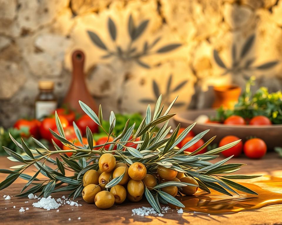 A rustic Mediterranean kitchen counter, bathed in warm, golden afternoon light. In the foreground, a delicate arrangement of drought-resistant olive branches, their silvery-green leaves glistening. Surrounding the olives, an array of traditional culinary ingredients - juicy tomatoes, fragrant herbs, flaky sea salt, and a drizzle of rich, golden olive oil. In the background, a weathered stone wall, casting soft shadows that create depth and texture. The scene conveys a sense of simple, honest cuisine, highlighting the resilience and versatility of these drought-adapted olives within the vibrant flavors of the Mediterranean.