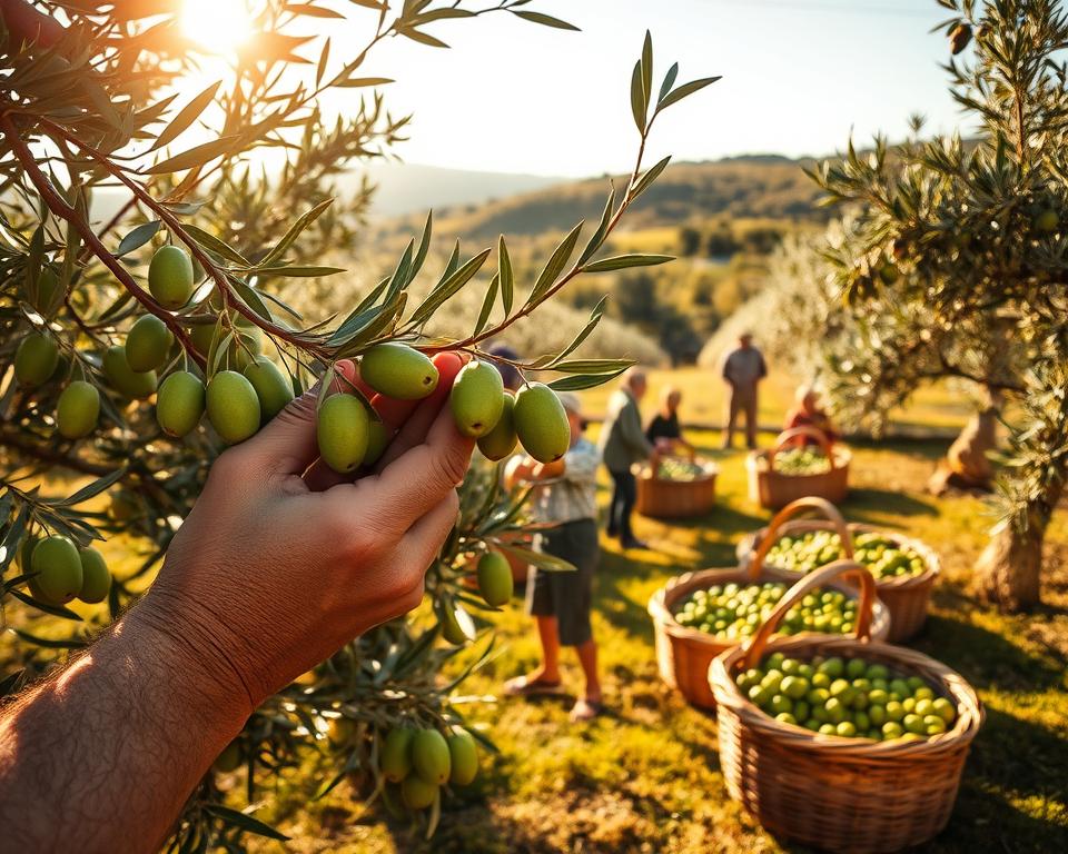 A serene olive grove bathed in warm Mediterranean sunlight. In the foreground, weathered hands carefully pluck ripe, glossy green olives from the gnarled branches. The middle ground reveals a team of harvesters working in synchrony, their woven baskets brimming with the precious fruit. In the distance, sun-dappled olive trees stretch out across the rolling hills, their silvery foliage shimmering in the gentle breeze. The scene exudes a timeless, artisanal quality, capturing the essence of this age-old agricultural tradition.