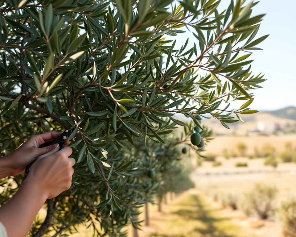 A serene olive grove in soft morning light, with a skilled gardener meticulously pruning the hybrid plants. The foreground features the gardener's hands delicately trimming the lush, glossy leaves and branches, while the middle ground showcases the diverse array of olive cultivars - some with larger, heartier leaves, others with smaller, more delicate foliage. In the background, a picturesque Mediterranean landscape unfolds, with rolling hills, a distant farmhouse, and a clear, azure sky. The scene conveys a sense of tranquility, care, and the harmonious relationship between the gardener and the olive hybrids under their charge. A serene olive grove in soft morning light, with a skilled gardener meticulously pruning the hybrid plants. The foreground features the gardener's hands delicately trimming the lush, glossy leaves and branches, while the middle ground showcases the diverse array of olive cultivars - some with larger, heartier leaves, others with smaller, more delicate foliage. In the background, a picturesque Mediterranean landscape unfolds, with rolling hills, a distant farmhouse, and a clear, azure sky. The scene conveys a sense of tranquility, care, and the harmonious relationship between the gardener and the olive hybrids under their charge.