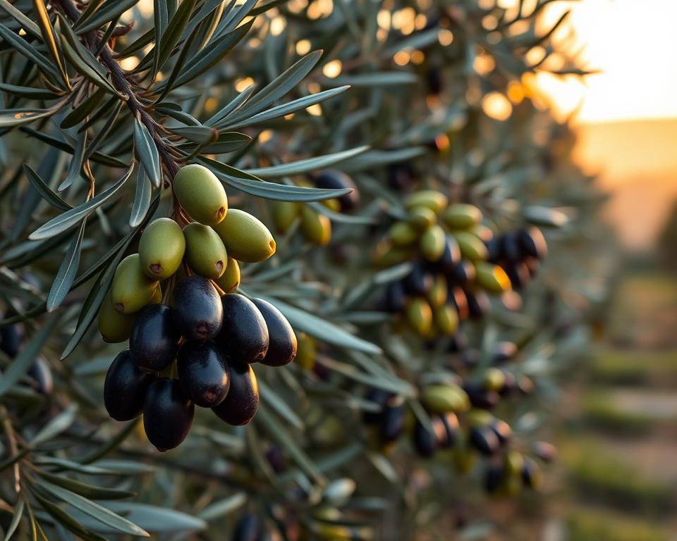 A serene olive grove in the golden hour, the branches laden with ripening fruit in various stages. In the foreground, a cluster of olives transitioning from deep green to a rich, glossy purple, showcasing the timeline of maturation. The middle ground features a mix of green, purple, and jet-black olives, each at a distinct phase of the ripening process. In the background, a soft, hazy horizon bathes the scene in a warm, amber glow, creating a sense of tranquility and timelessness. The image conveys the delicate balance and common mistakes that can occur during the critical olive harvesting period.