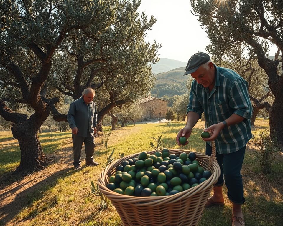 A serene olive grove on a sun-dappled hillside, ancient gnarled trees casting soft shadows. In the foreground, two weathered olive pickers carefully hand-plucking olives, their movements graceful and precise. The middle ground reveals a woven basket brimming with the dark green fruit. In the distance, a stone farmhouse and rolling olive-clad hills under a warm Mediterranean sky. The scene is captured with a soft, cinematic lens, highlighting the timeless, manual nature of this traditional harvest.