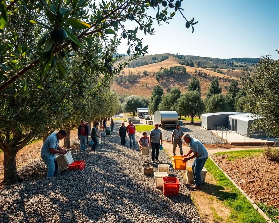 A serene olive grove, sunlight filtering through the lush canopy. In the foreground, a group of community members diligently sorting and transporting olive pomace, the byproduct of oil extraction. Their collaborative efforts showcase sustainable handling, with reusable containers and eco-friendly practices. In the middle ground, a state-of-the-art pomace processing facility, its sleek, modern design blending seamlessly with the natural landscape. The background features rolling hills dotted with olive trees, a testament to the region's agricultural heritage. The scene exudes a sense of environmental stewardship and community-driven innovation, perfectly capturing the essence of "Mastering Olive Pomace Management for Better Outcomes." A serene olive grove, sunlight filtering through the lush canopy. In the foreground, a group of community members diligently sorting and transporting olive pomace, the byproduct of oil extraction. Their collaborative efforts showcase sustainable handling, with reusable containers and eco-friendly practices. In the middle ground, a state-of-the-art pomace processing facility, its sleek, modern design blending seamlessly with the natural landscape. The background features rolling hills dotted with olive trees, a testament to the region's agricultural heritage. The scene exudes a sense of environmental stewardship and community-driven innovation, perfectly capturing the essence of "Mastering Olive Pomace Management for Better Outcomes."