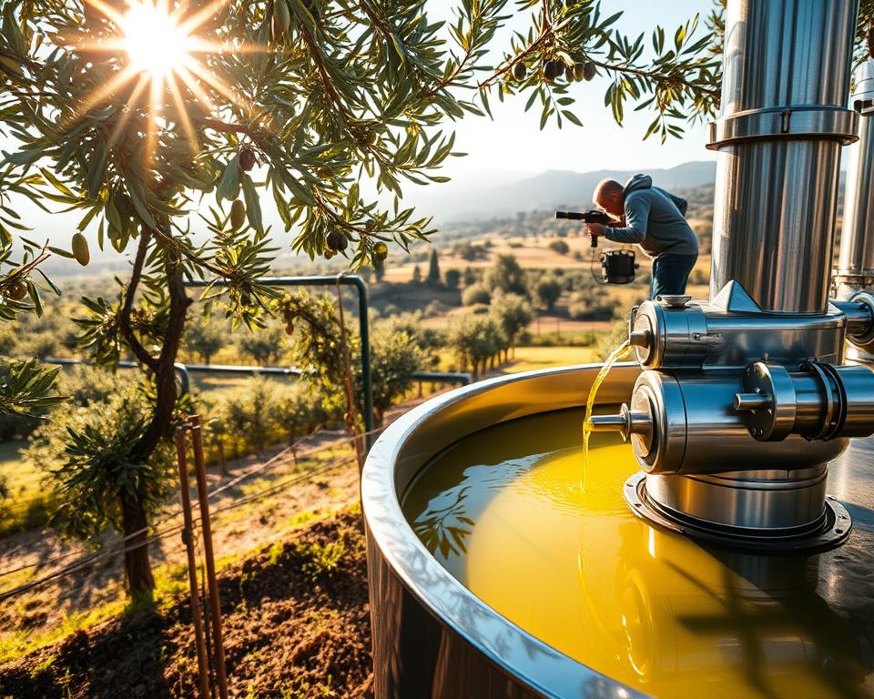 A serene olive grove, the sun's golden rays filtering through lush foliage. In the foreground, a modern olive oil extraction facility, its stainless steel machinery glistening. Skilled workers carefully monitor the process, observing the steady flow of rich, green-golden liquid into gleaming containers. The scent of freshly pressed olives permeates the air, mingling with the earthy aroma of the grove. Precise temperature and pressure controls ensure the oil's optimal flavor and quality. In the background, rolling hills stretch out, dotted with ancient olive trees, a testament to the centuries-old tradition of this bountiful harvest.
