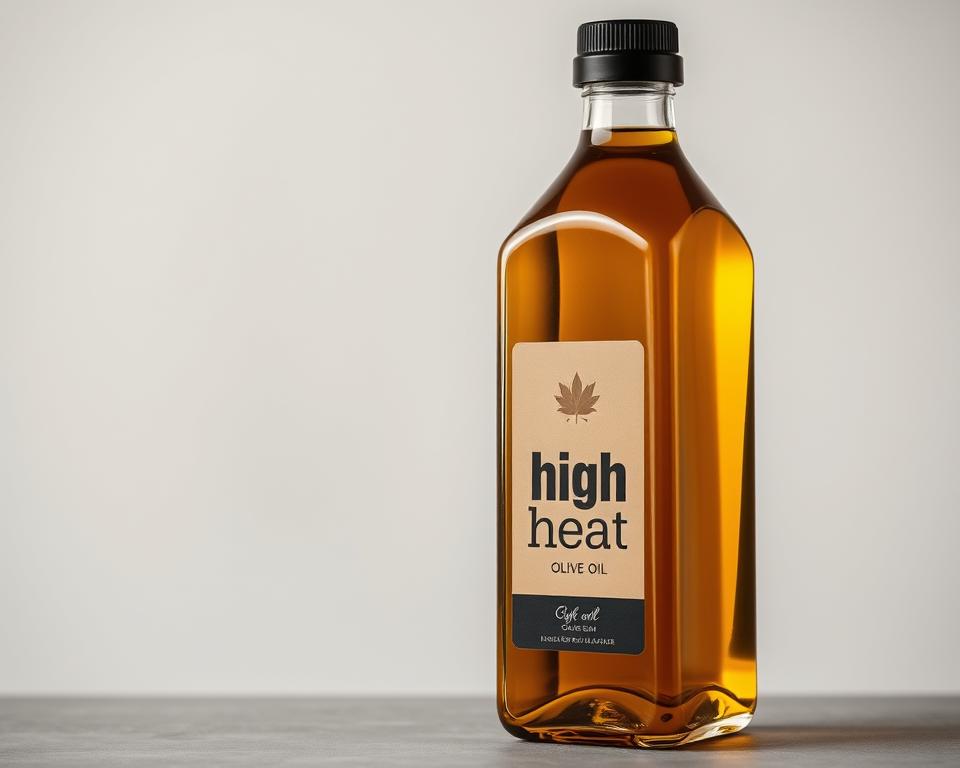 A sleek, high-quality glass bottle filled with rich, golden olive oil, its label prominently displaying the "high-heat" designation. The bottle is set against a neutral, minimalist background, allowing the oil to take center stage. Soft, directional lighting casts a warm, inviting glow on the liquid, highlighting its viscosity and depth of color. The composition emphasizes the bottle's elegant shape and premium presentation, conveying the idea of a versatile, high-performance olive oil suitable for both cooking and dressing. A sleek, high-quality glass bottle filled with rich, golden olive oil, its label prominently displaying the "high-heat" designation. The bottle is set against a neutral, minimalist background, allowing the oil to take center stage. Soft, directional lighting casts a warm, inviting glow on the liquid, highlighting its viscosity and depth of color. The composition emphasizes the bottle's elegant shape and premium presentation, conveying the idea of a versatile, high-performance olive oil suitable for both cooking and dressing.