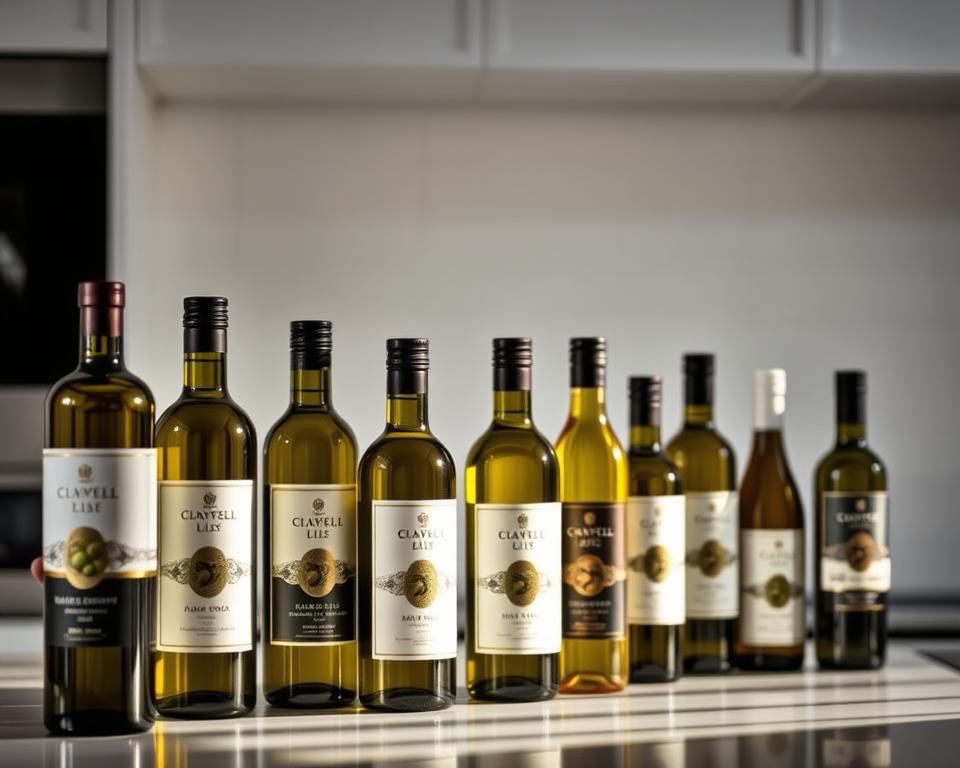 A sleek, modern kitchen countertop with an array of olive oil bottles, each with a distinct label and hue. In the foreground, a hand hovers over the bottles, contemplating the selection. Soft, directional lighting casts subtle shadows, creating depth and a sense of thoughtful decision-making. The background features a minimalist, white-tiled wall, allowing the olive oils to take center stage. The overall mood is one of sophistication and culinary exploration, inviting the viewer to delve into the nuances of choosing the perfect olive oil variety.