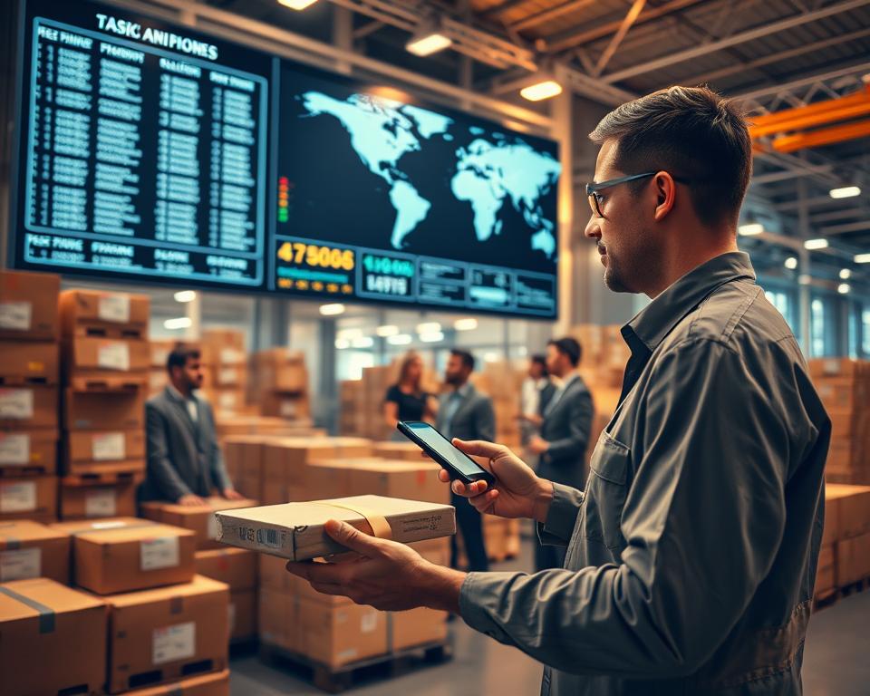 A sleek, modern logistics center with neatly stacked shipping containers and packages. A team of logistics experts monitor a large display board showing real-time tracking data of parcels in transit. The scene is bathed in warm, soft lighting, creating a professional and efficient atmosphere. In the foreground, a worker scans a package with a handheld device, meticulously updating the system. The background features a stylized world map, underscoring the global reach of the logistics operation. The overall impression conveys a sense of precision, reliability, and seamless shipment tracking.